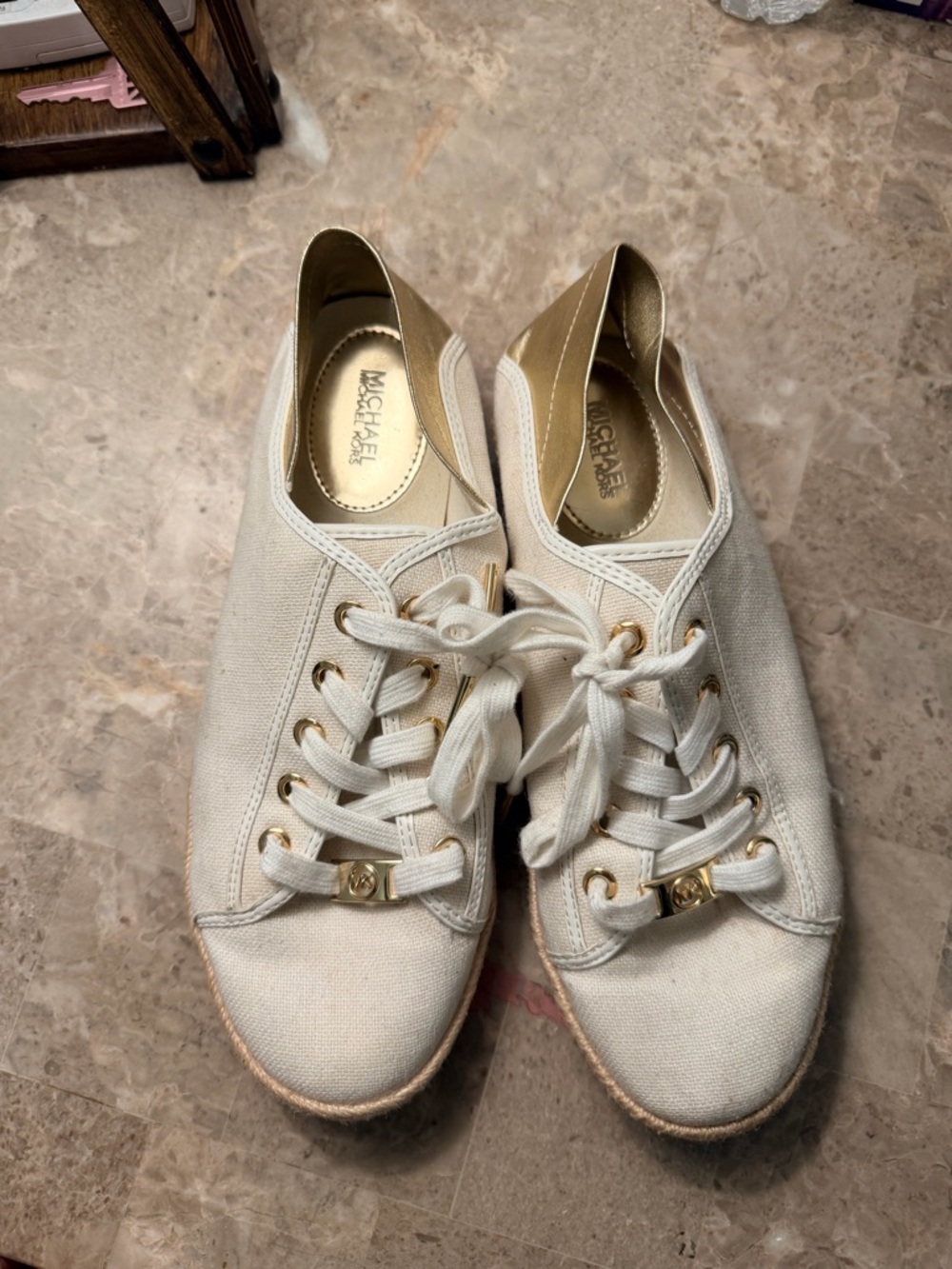MICHAEL Michael Kors Ivory Canvas Lace-Up Sneakers with Gold Accents